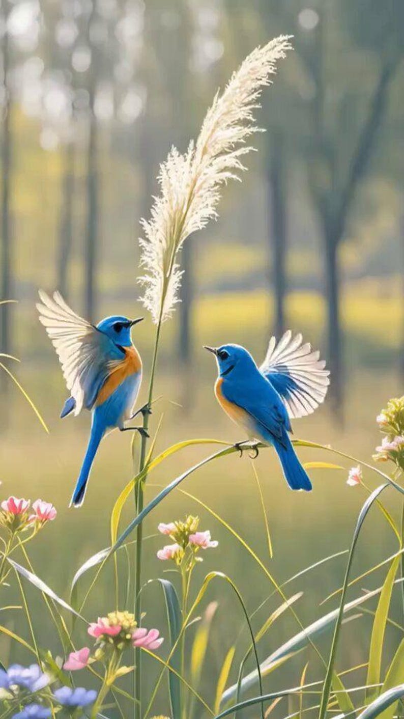 Blue Bird Spring Meadow Art Print, Cottagecore Nursery Decor (digital ...