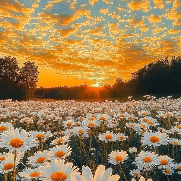 Impression d'art Daisy Field Sunset - Ciel doré, paysage naturel (téléchargement numérique)