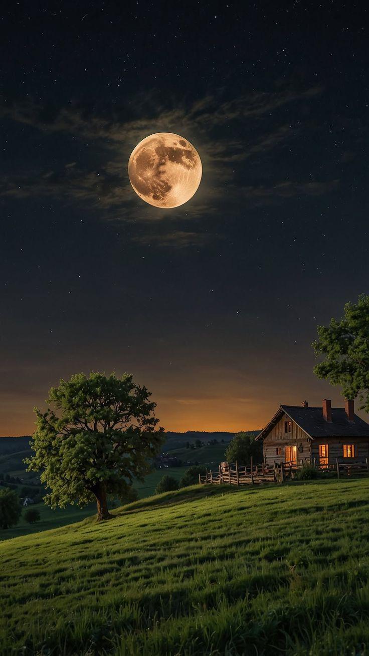 Rustic Moon Moonlit Landscape Art, Rustic Cabin, Full Moon Night Sky (digital ...