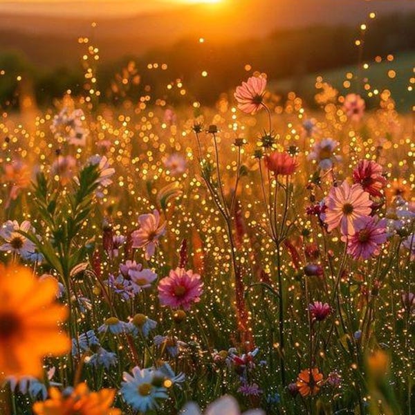 Impression d'art coucher de soleil prairie de fleurs sauvages, affiche nature paysage Golden Hour (téléchargement numérique)