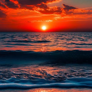 Op de afbeelding: Een levendige zonsondergang boven de oceaan. De lucht is in tinten rood en oranje, met donkere wolken. De zon is een heldere schijf die reflecteert op het water. De golven zijn schuimig en het water is diepblauw.