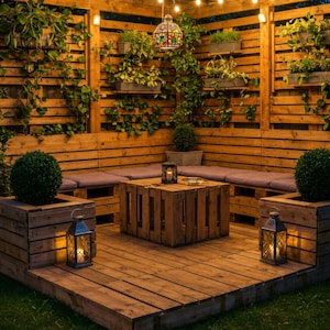 Op de afbeelding: Houten buitenpatio met een zithoek gemaakt van pallets. De ruimte is versierd met planten, lantaarns en een kleine tafel. Een decoratieve glas-in-loodlamp hangt aan het plafond en het gebied wordt verlicht met lichtslingers.