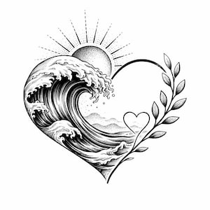 May include: A black and white line art illustration shaped like a heart. The design features a large crashing ocean wave, a sun with radiating lines, a small heart outline, and a leafy branch following the right curve of the heart shape.