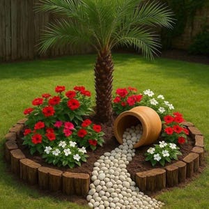 May include: A garden feature with a small palm tree, red and white flowers, and a terracotta pot spilling white stones. The bed is edged with brown wooden posts, set in green grass. The scene evokes a tranquil, natural setting.