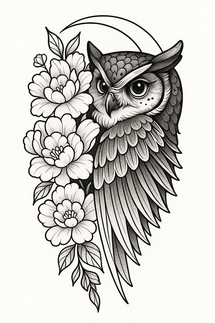 Detailed Owl Floral Tattoo Design, Line Art Nature (digital Download ...