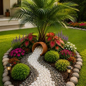 May include: A garden bed featuring a central palm tree surrounded by colorful foliage, including red-veined leaves and purple flowers. A terracotta pot spills white river stones onto a path of gray pebbles, bordered by large stones and two solar lights.