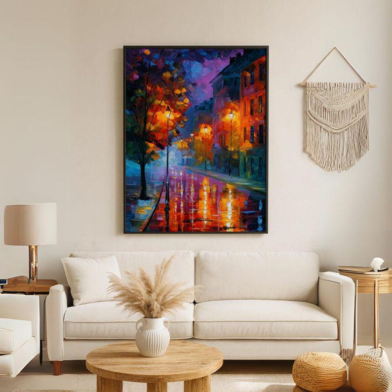 Vibrant Rainy City Street Art – Impressionist Night Painting, Urban ...