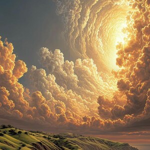 Puede incluir: Pintura de paisaje con un camino hacia la costa. El cielo está lleno de nubes arremolinadas e iluminadas. Las colinas son verdes y el mar está en calma, creando una escena pacífica y espectacular.