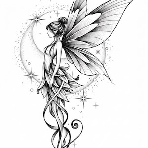May include: A black and white line art illustration of a fairy with large wings, standing in profile before a stippled crescent moon. The figure has hair in a bun and wears a leaf-like skirt, surrounded by several four-pointed stars and small dots.