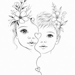 Può includere: Un'illustrazione a tratto in bianco e nero che mostra due volti affiancati, adornati con composizioni floreali sulle teste. Una linea continua collega i due volti, formando due cuori tra e sotto di essi.