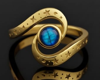 Handmade Sterling Silver Labradorite Celestial Ring: Starry Night Jewelry