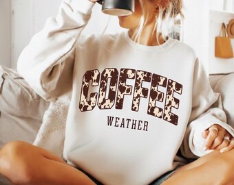 Sudadera Coffee Weather, cuello redondo retro para amantes del café otoñal, suéter estético con estampado animal, camisa acogedora de otoño, regalo para los amantes de la cafeína.