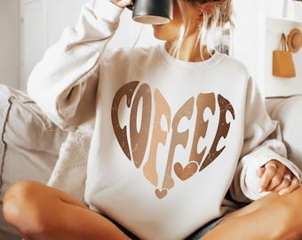Sudadera con corazón de café, cuello redondo para amantes del café, suéter con estética barista, top vintage para amantes del café, regalo para amantes de la cafeína, camiseta bonita