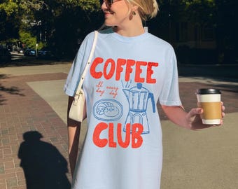 Camiseta retro de club de café, camiseta para amantes del café con colores cómodos, camiseta estética de espresso, camiseta con gráficos gourmet, regalo para adictos a la cafeína