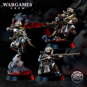 May include: Miniature figurines of futuristic soldiers in white, grey, and gold armour, wielding weapons. The figures are posed dynamically on black bases with smoke effects. The text "WARGAMES CREW" is at the top.