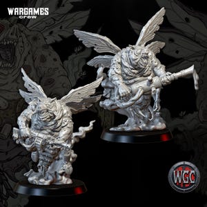 May include: Two grey miniature figures of insect-like creatures with wings, holding weapons. The figures are on black bases, with the "WARGAMES crew" logo at the top and "WGC" logo at the bottom.