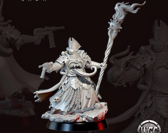 May include: A light grey miniature figure from Wargames Crew featuring a creature with a long tongue, sharp teeth, and a tall hat. The figure wears armoured robes with chains and skulls, holds a pistol, and carries a staff topped with flames.