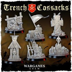 Op de afbeelding: Een set van zes grijze hars miniatuur diorama's getiteld Trench Cossacks van Wargames Crew. De collectie bevat een soldaat in een loopgraaf, een vlag met voorraden, een stenen kruis, een heiligdom, een rek met geweren en een religieus bouwwerk.