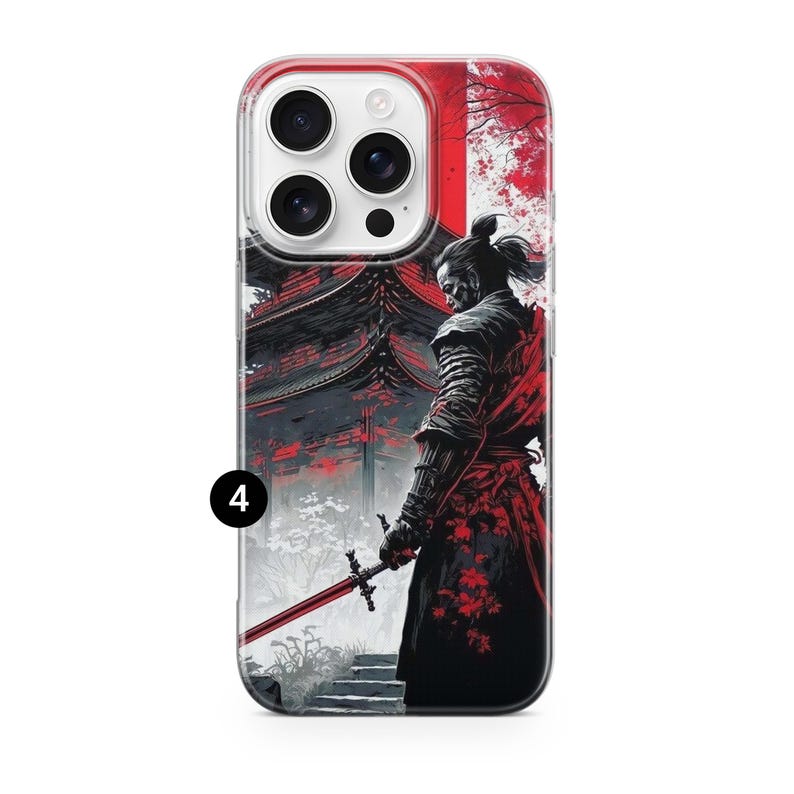 May include: A phone case featuring a Japanese samurai warrior with a red sword, set against a backdrop of a traditional temple and red accents. The design is a blend of black, red, and gray tones.