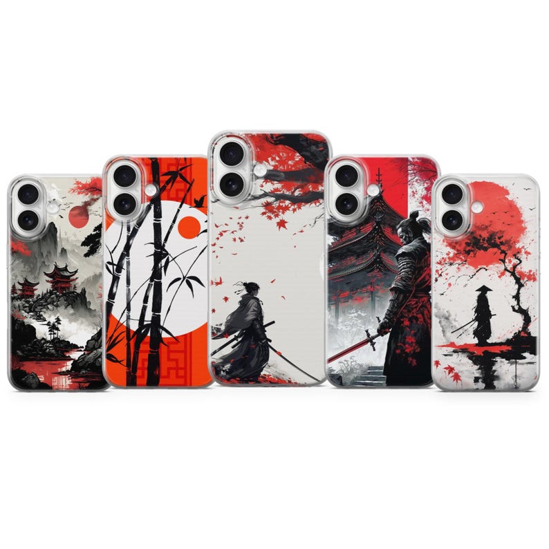 May include: Five phone cases with Japanese-inspired designs. The cases feature illustrations of samurai warriors, bamboo, and traditional landscapes in red, black, and white. Each case has a different design, showcasing a variety of scenes.