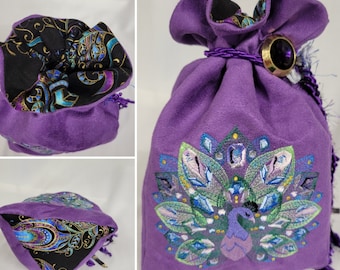 Large Tarot Bag - Bejeweled Peacock; Tarot Card Bag, Tarot Bag, Tarot Pouch, Handmade Tarot bag, Goddess Pouch, Treasure Keeper