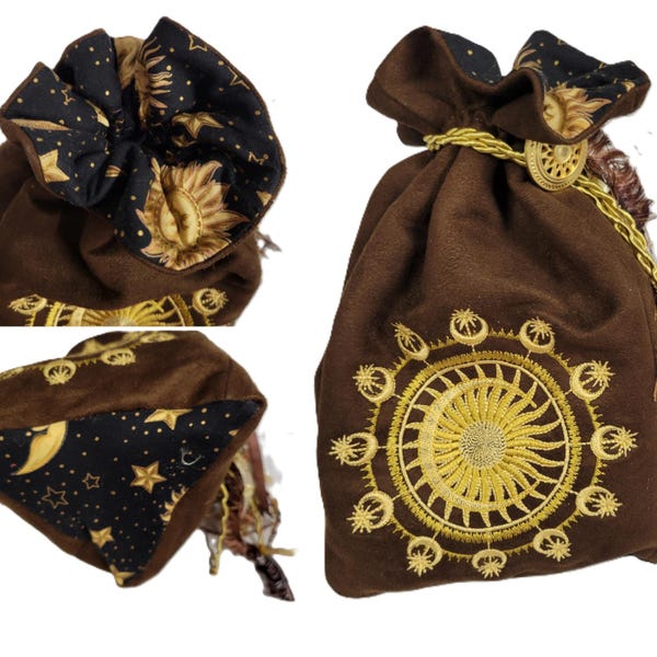 Large Tarot Card Bag: Handmade Suede Pouch with Embroidered Moon Mandala