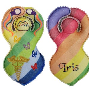 May include: Two colorful, plush, abstract figures. One features a rainbow design with butterflies and a gold medical symbol. The other has a rainbow design with the name "Iris" embroidered on it. Both have scalloped edges.