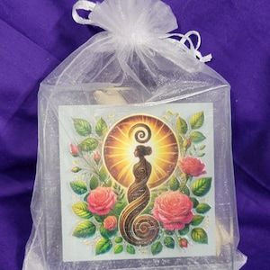 May include: A square card featuring a central illustration of a figure with a spiral-patterned body, surrounded by pink roses and green leaves, set against a glowing sunburst. The card is enclosed in a sheer white organza drawstring gift bag.
