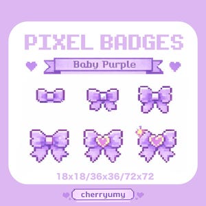 Op de afbeelding: Een baby paars pixel art ontwerp met zes strik badges in verschillende maten. De tekst "PIXEL BADGES" en "Baby Purple" worden weergegeven. De afbeelding bevat ook de tekst "18x18/36x36/72x72" en het woord "cherryyummy".