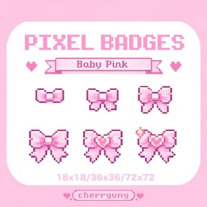 Op de afbeelding: Een babyroze afbeelding met gepixelde strikbadges. De tekst "PIXEL BADGES" staat bovenaan, met "Baby Pink" in een banner. De afbeelding bevat strikdesigns in verschillende maten: 18x18, 36x36 en 72x72 pixels. De tekst onderaan luidt "cherryyuny".