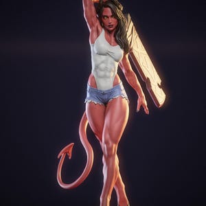 May include: A 3D-rendered figure of a female demon with red skin, horns, and a tail. She wears a white bodysuit and denim shorts, holding a large sword. The figure stands on a platform with the text "Lutidei" and the logo "NYMPHA3D".