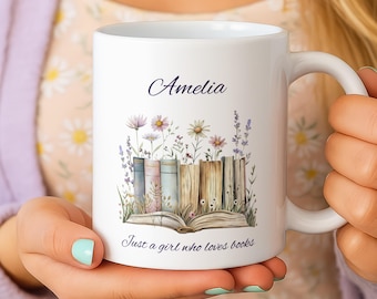 Gepersonaliseerde mok voor boekenliefhebber - aangepaste naam Cup Just a Girl Who Loves Books
