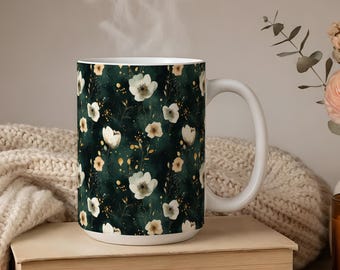 Taza floral blanca con efecto envejecido - Taza de café verde oscuro con detalles dorados