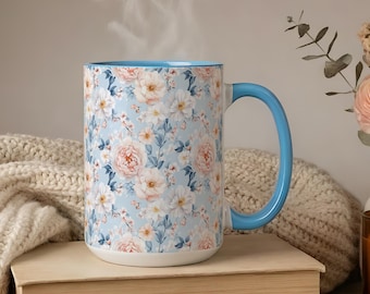 Floral Coffee Mug - Ceramic Botanical Mug in Soft Pastel Colors