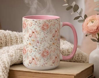 Floral Coffee Mug - Ceramic Botanical Mug in Soft Pastel Colors