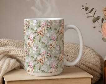 Taza de café floral - Taza botánica de cerámica en suaves tonos pastel
