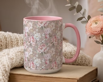 Floral Coffee Mug - Ceramic Botanical Mug in Soft Pastel Colors