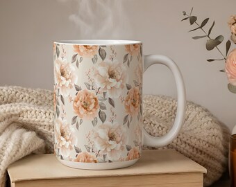 Floral Coffee Mug - Ceramic Botanical Mug in Soft Pastel Colors