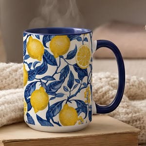 Mediterranean Lemon Mug, Blue and White Coffee Mug, Citrus Kitchen Decor, Coastal Ceramic Cup, Amalfi Inspired Gift