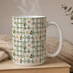 Floral Coffee Mug – Sage Green Gingham Mug, Rustic Farmhouse Cup, 11oz and 15oz
