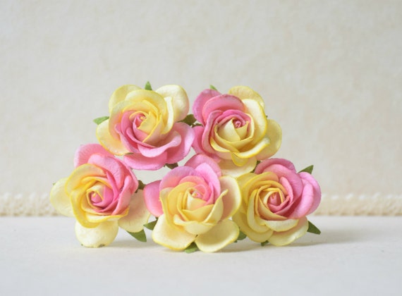 35 Mm 5 Mixed Yellow Pink Paper Roses For Crafts Etsy