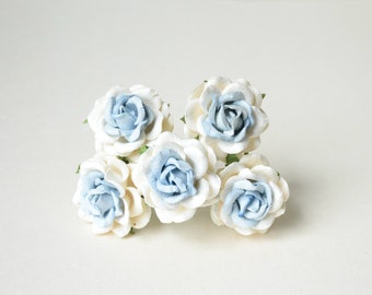 45  mm  / 5  mixed cream - blue  paper roses  for crafts ,scrapbooking ,cardmaking , embellishment