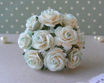 10  mixed white and blue  paper roses  - 2 cm   mulberry paper flowersFor Crafts ,Scrapbooking ,Cardmaking , Decorations