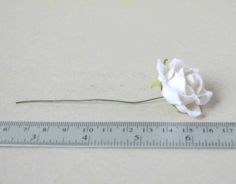May include: A single white paper rose with a green stem, measured against a ruler.