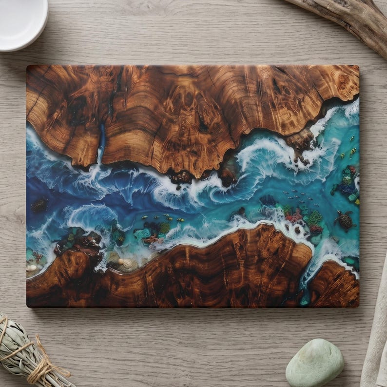 Tempered glass cutting board with flat printed faux ocean epoxy resin and burl wood illusion perfect for coastal charcuterie tray and kitchen decor