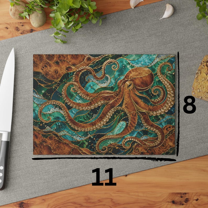 Octopus Inlay Mosaic Octopus Glass Charcuterie Board, Burl Wood Teal Faux Resin ...