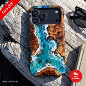 Funda para teléfono de resina con temática oceánica, arte costero de tortugas marinas, estampado en madera de raíz de aqua, regalo playero para ella, estética costera, funda para teléfono con temática de naturaleza