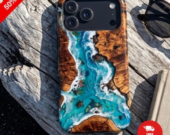Funda para teléfono de resina oceánica, imitación madera, con diseño de tortuga marina y resina epoxi, compatible con iPhone y Samsung.