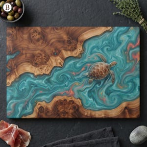 May include: A rectangular wooden cutting board with a turquoise epoxy resin river design and a detailed sea turtle. The wood has a natural grain pattern. The resin has swirls of color, with hints of orange and red.