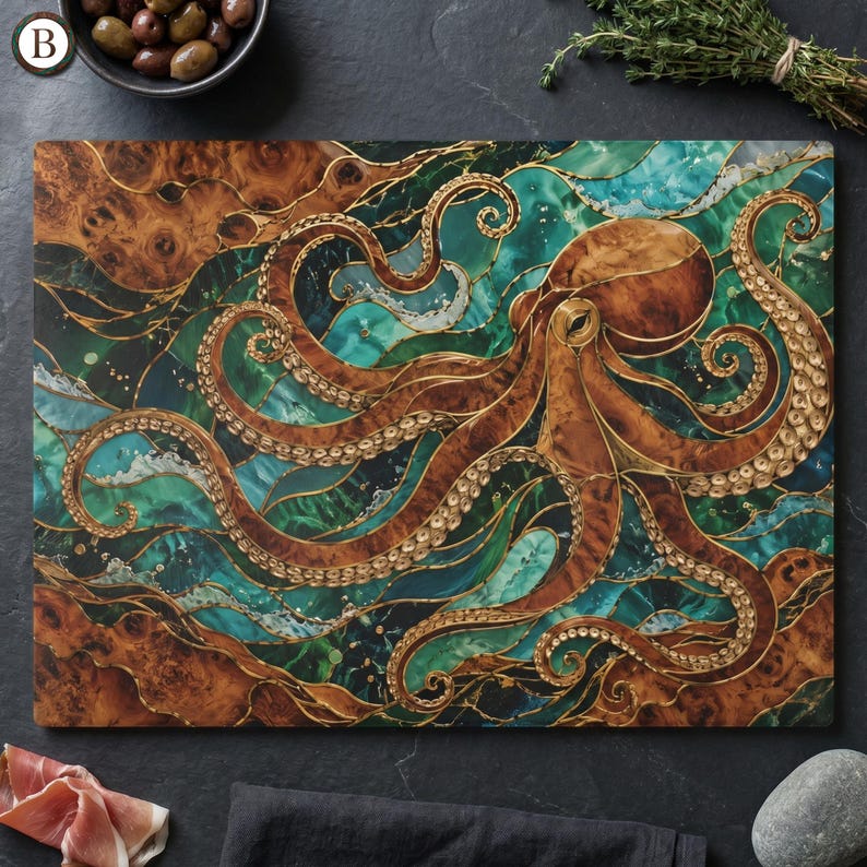 Octopus Inlay Mosaic Octopus Glass Charcuterie Board, Burl Wood Teal Faux Resin ...